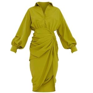 Olive Balloon Sleeve Gathered Midi Shirt Dress